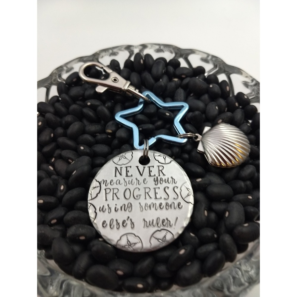 Hand Stamped Keychain "Never Measure Your Progress Using Someone Else's Ruler! " - Picture 4 of 4
